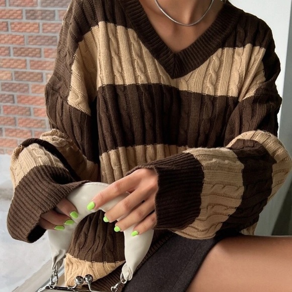 Cute Brown Stiped Knitted Sweater - Picture 1 of 8
